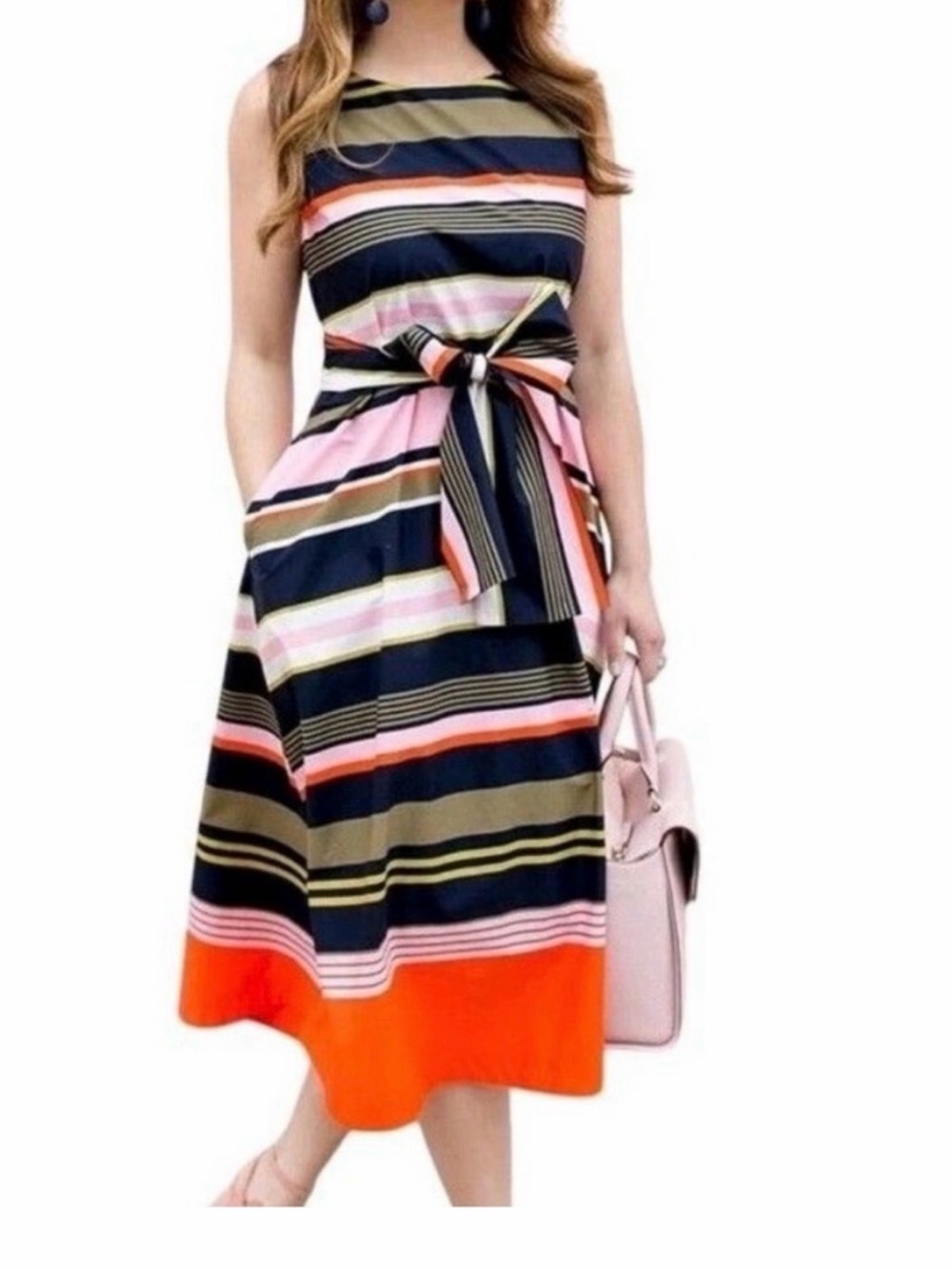 Ann Taylor Sleeveless Striped Belted Fit and flare Midi Dress Navy/Multi-Color